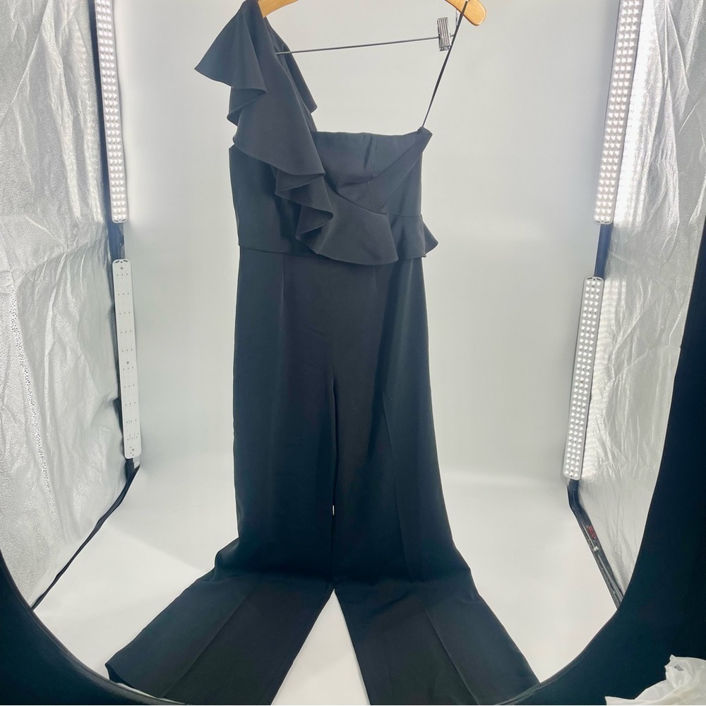 JAYGODFREY Hamilton One Shoulder Ruffle Black Wide Leg Classic‎ Jumpsuit Size 4 - Picture 5 of 16